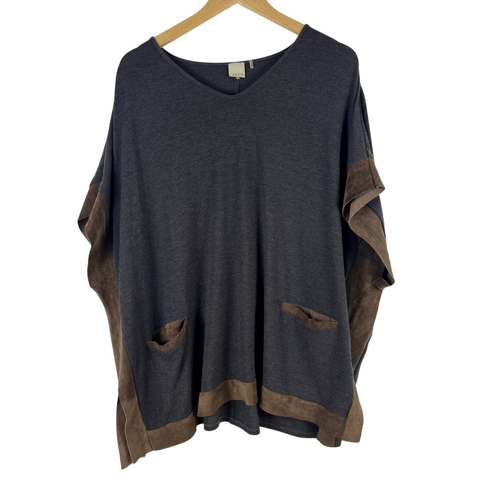 Ecru Women's Charcoal Gray Leather Trim‎ Poncho Sweater Size M